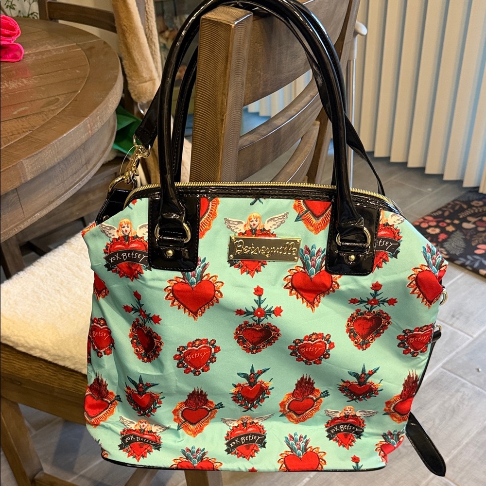 Betsy Johnson Heart Print Tote Bag - Red and Aqua